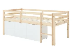 Lit mi-hauteur 90 x 190 cm avec rangement - Pin et MDF - Coloris : Naturel et blanc - LANIORI