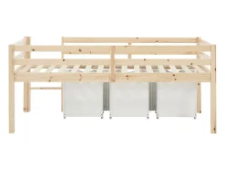 Lit mi-hauteur 90 x 190 cm avec rangement - Pin et MDF - Coloris : Naturel et blanc - LANIORI