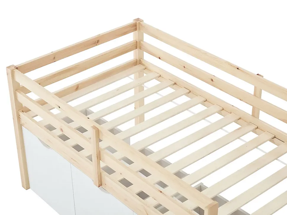 Lit mi-hauteur 90 x 190 cm avec rangement - Pin et MDF - Coloris : Naturel et blanc - LANIORI