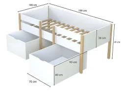 Lit mi-hauteur SISSY - 2 tiroirs - 90 x 190 cm - Blanc et chêne