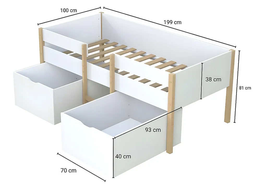 Lit mi-hauteur SISSY - 2 tiroirs - 90 x 190 cm - Blanc et chêne