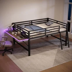 Lit mi-hauteur 140x200 cm avec étagères et éclairage LED télécommande - lit enfant/ado gain de place - sans matelas - Noir