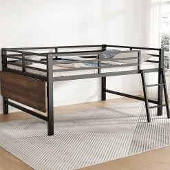 Lit mi-hauteur 140x200 cm avec étagères et éclairage LED télécommande - lit enfant/ado gain de place - sans matelas - Noir