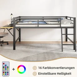 Lit mi-hauteur 140x200 cm avec étagères et éclairage LED télécommande - lit enfant/ado gain de place - sans matelas - Noir