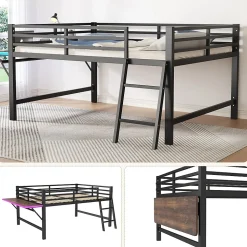 Lit mi-hauteur 140x200 cm avec étagères et éclairage LED télécommande - lit enfant/ado gain de place - sans matelas - Noir