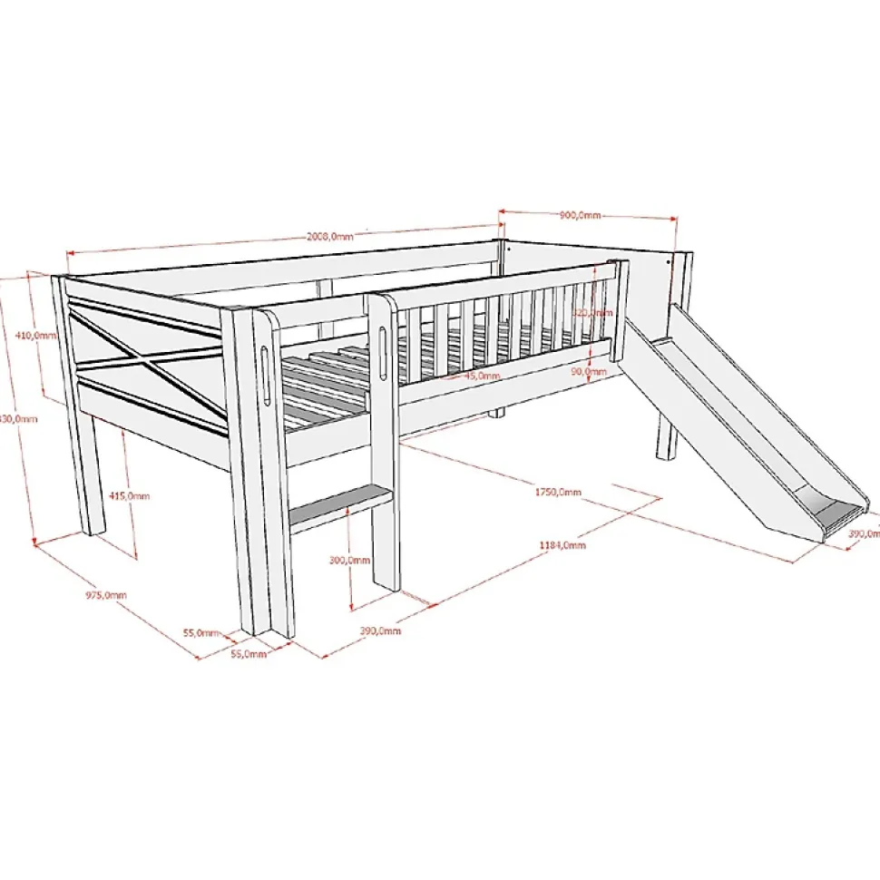 Lit mi-hauteur 90x200 toboggan et sommier inclus Vipack Scott Blanc