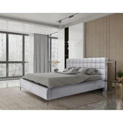 Lit MILLIO Blanc 160x200 cm Tissu chenille bouclé Sommier inclus Confort hôtel 5 étoiles