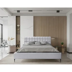 Lit MILLIO Blanc 140x200 cm Tissu chenille bouclé Sommier inclus Confort hôtel 5 étoiles