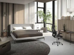 Lit moderne en tissu gris clair et similicuir noir pour chambre élégante