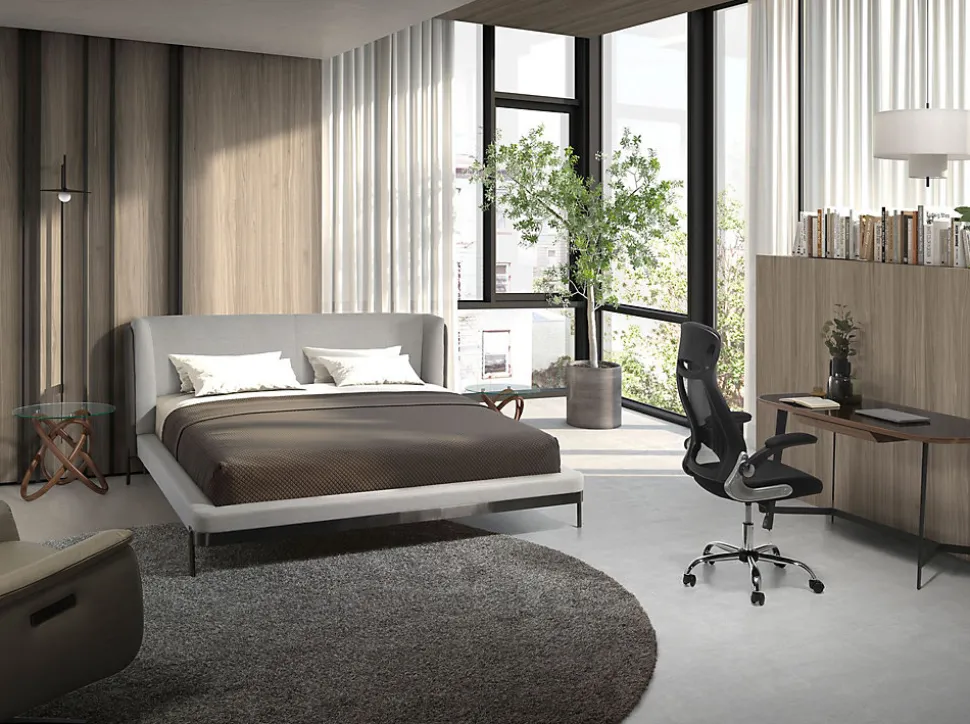 Lit moderne en tissu gris clair et similicuir noir pour chambre élégante