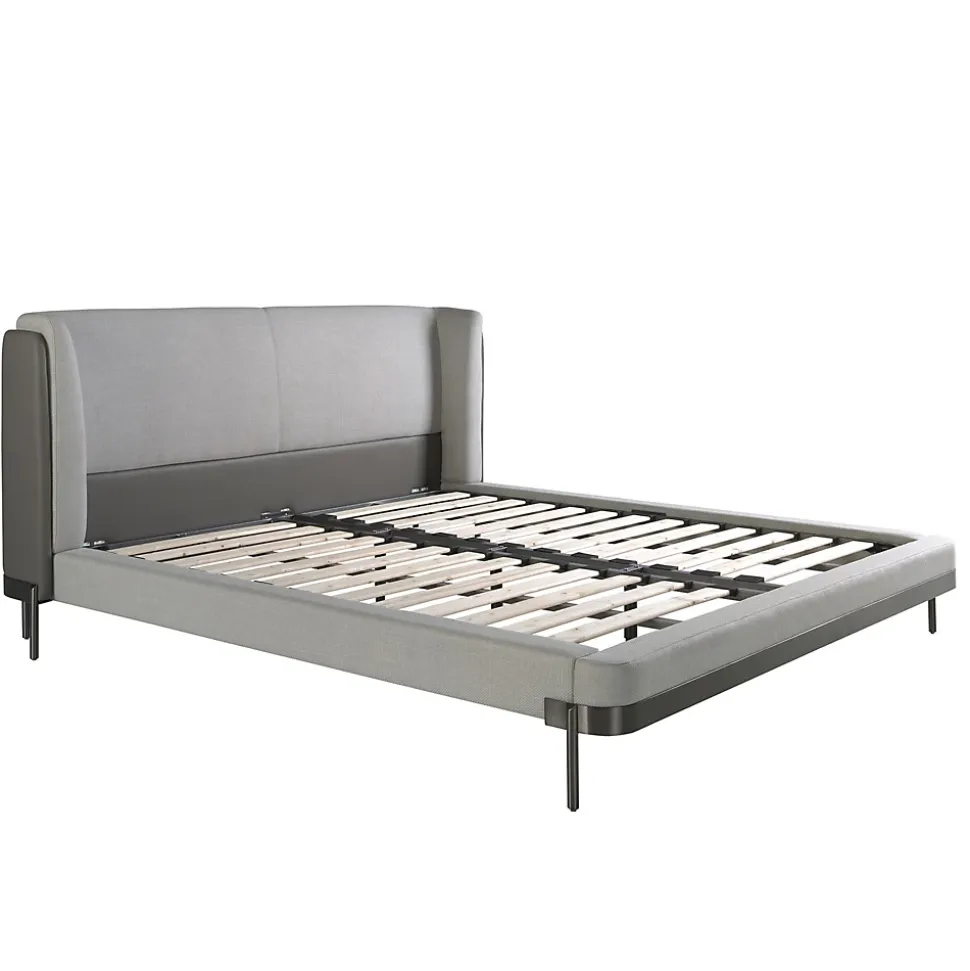 Lit moderne en tissu gris clair et similicuir noir pour chambre élégante