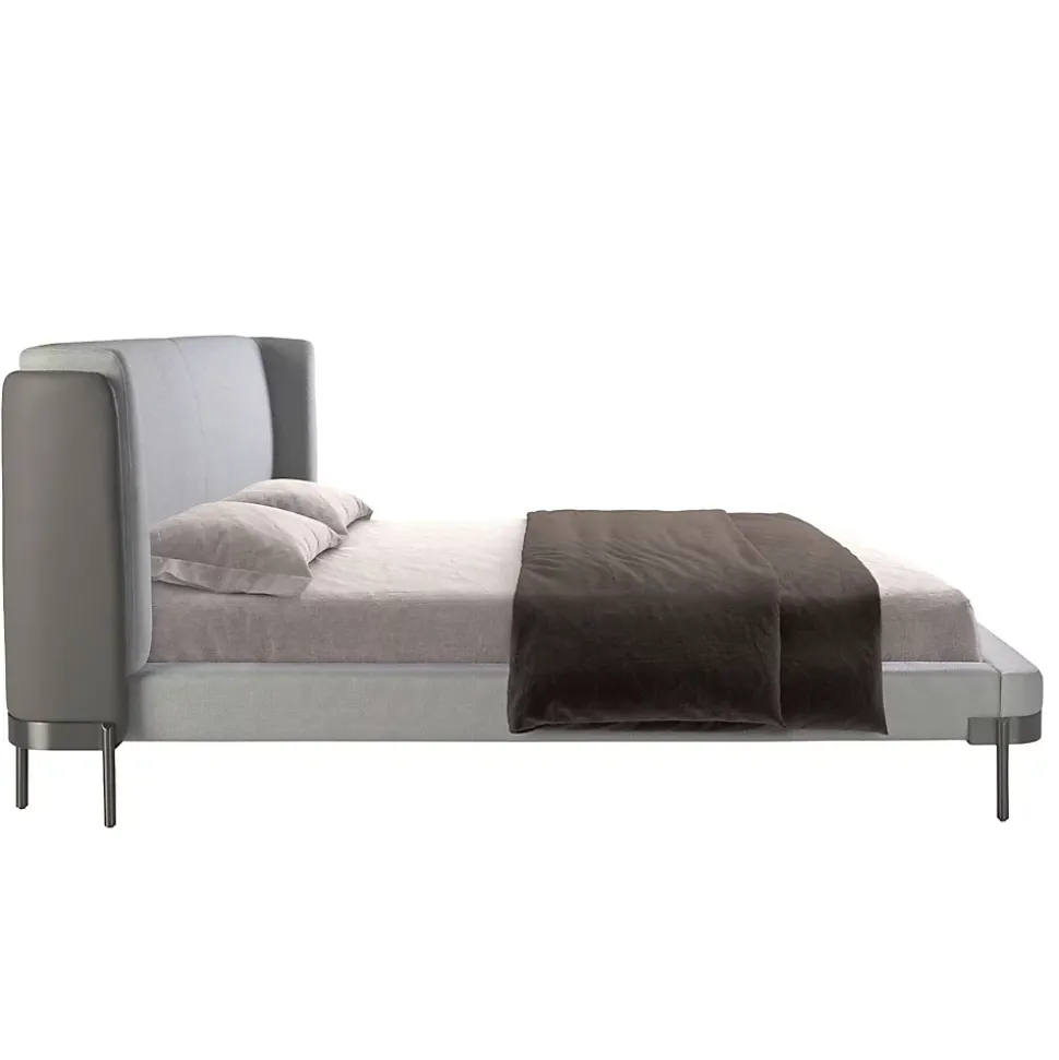 Lit moderne en tissu gris clair et similicuir noir pour chambre élégante
