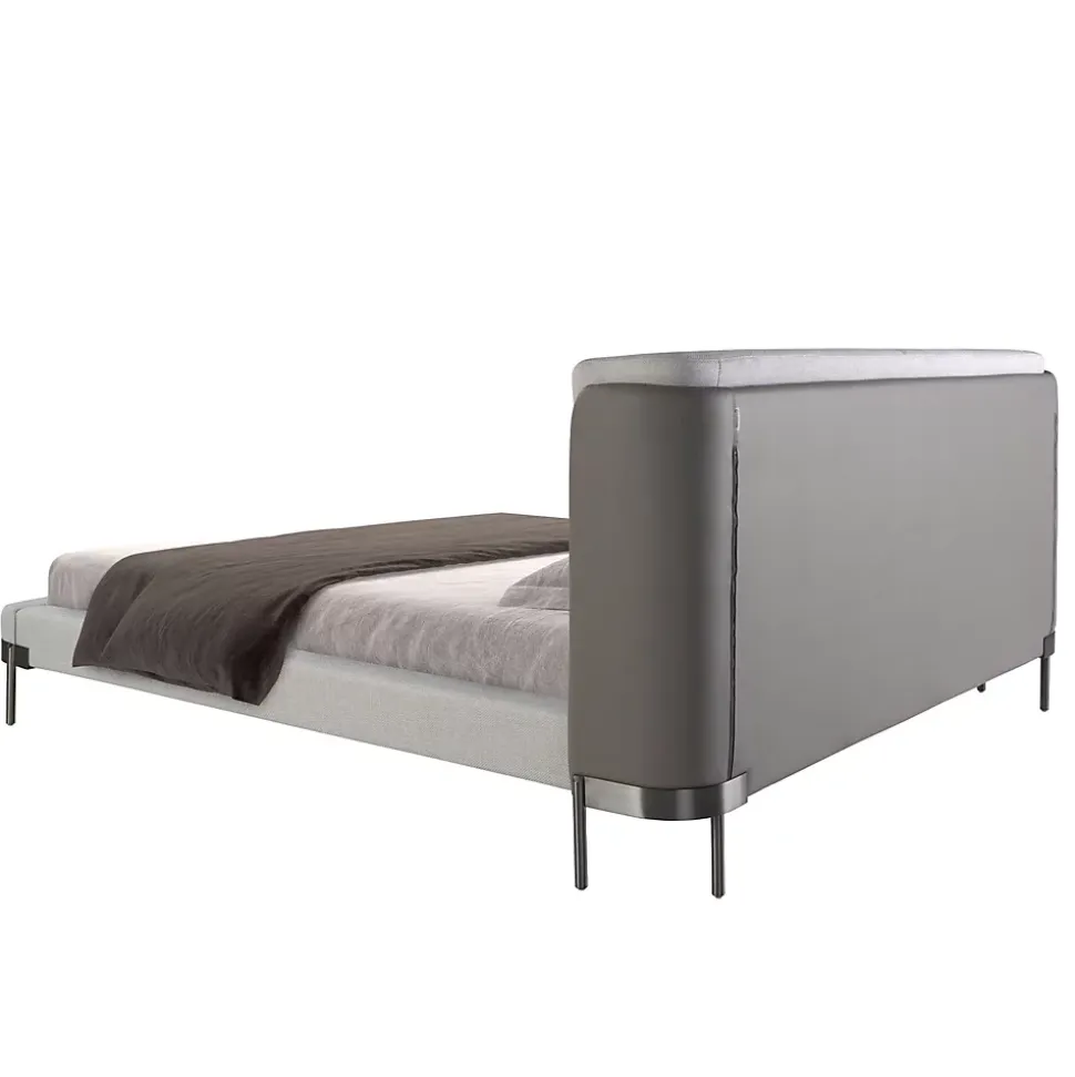 Lit moderne en tissu gris clair et similicuir noir pour chambre élégante