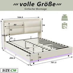 Lit Moderne Rectangulaire 160x200 Cm Avec Sommier à Lattes, Rembourré, USB Et Type-c, Coffre, Beige
