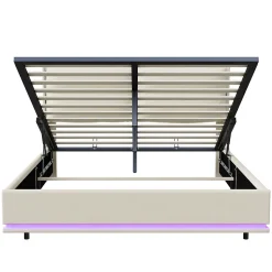 Lit Moderne Rectangulaire 160x200 Cm Avec Sommier à Lattes, Rembourré, USB Et Type-c, Coffre, Beige