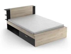 Lit modulable 140 x 190/200 cm avec rangements - Coloris : Naturel et noir - ERALIA