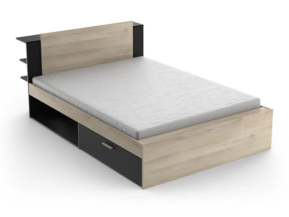 Lit modulable 140 x 190/200 cm avec rangements - Coloris : Naturel et noir - ERALIA