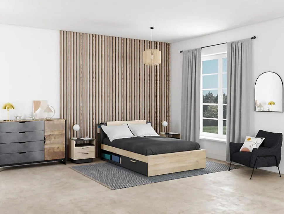 Lit modulable 140 x 190/200 cm avec rangements - Coloris : Naturel et noir - ERALIA