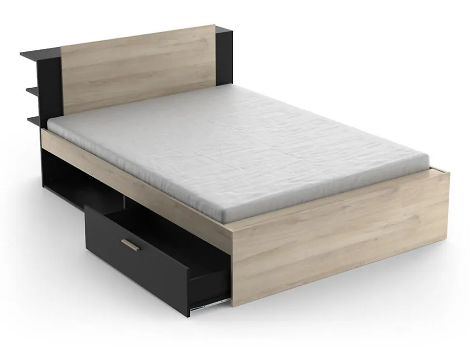 Lit modulable 140 x 190/200 cm avec rangements - Coloris : Naturel et noir - ERALIA