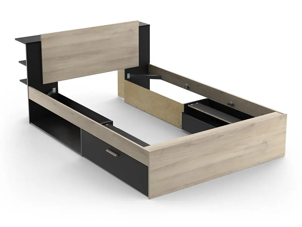 Lit modulable 140 x 190/200 cm avec rangements - Coloris : Naturel et noir - ERALIA