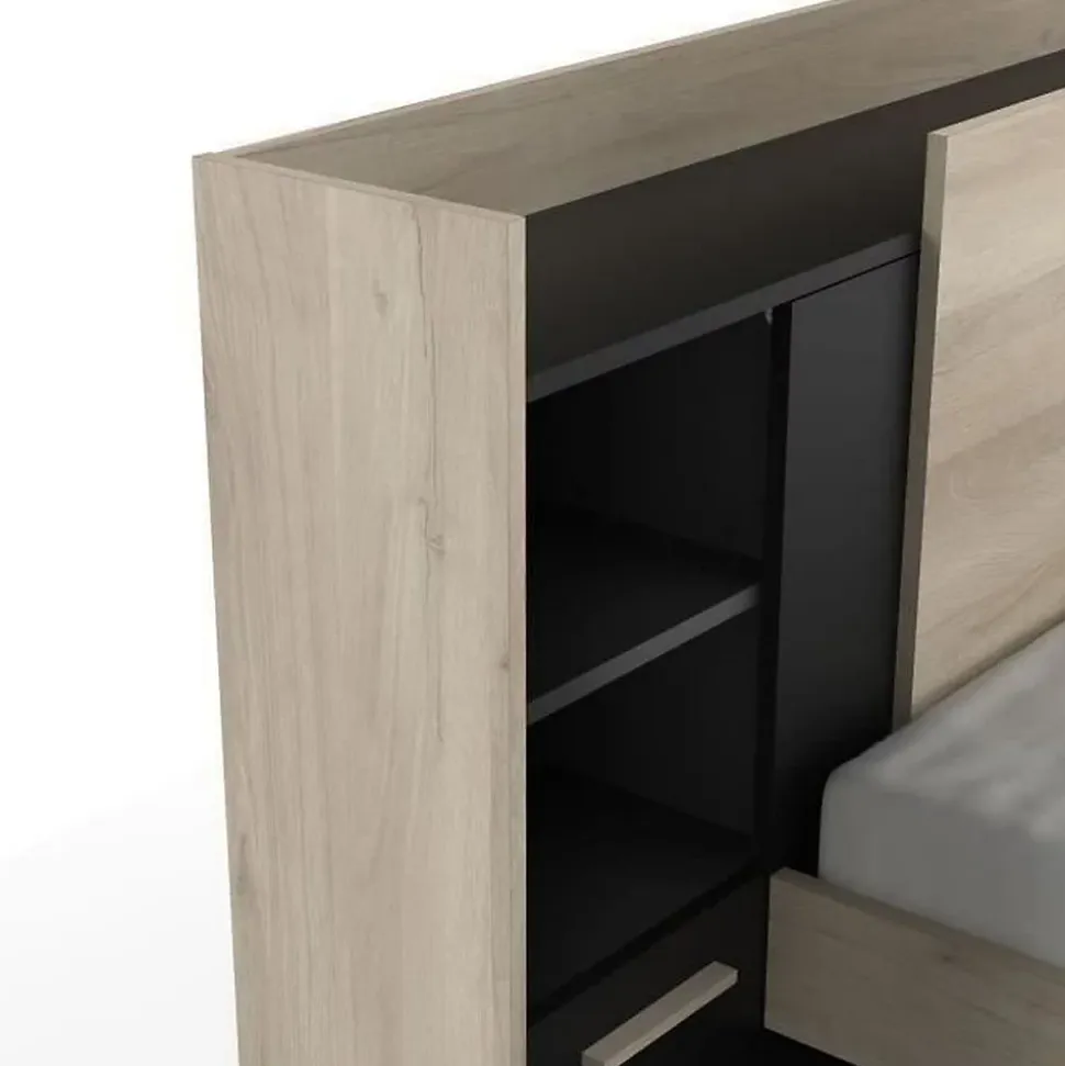 Lit modulable 90 x 190/200 cm avec rangements - Noir et naturel - MARTELO