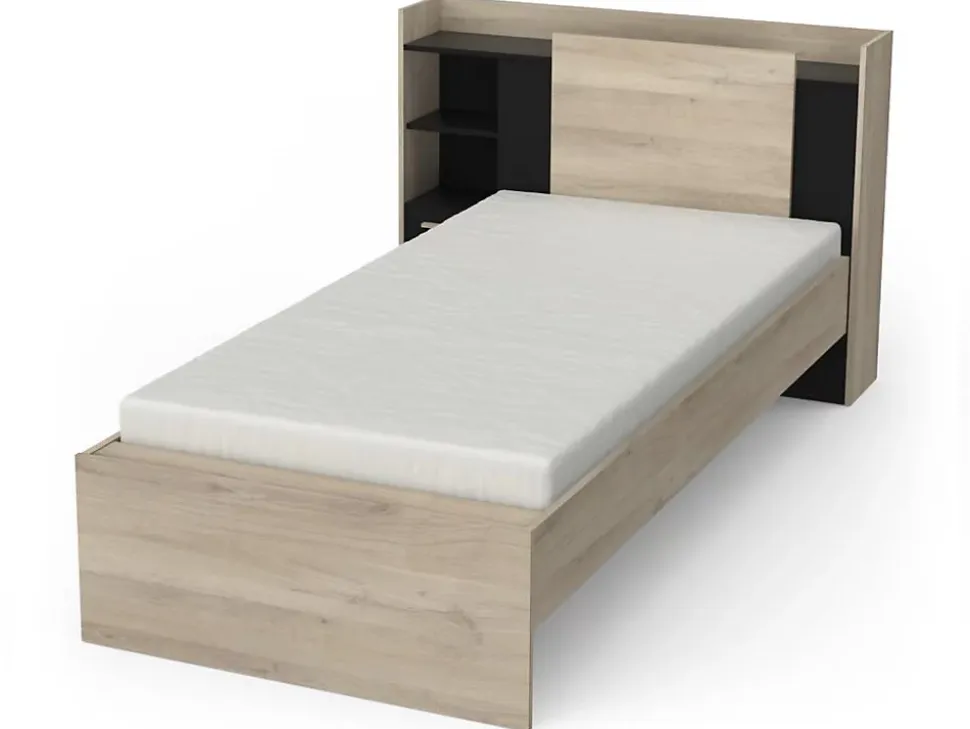 Lit modulable 90 x 190/200 cm avec rangements - Noir et naturel - MARTELO