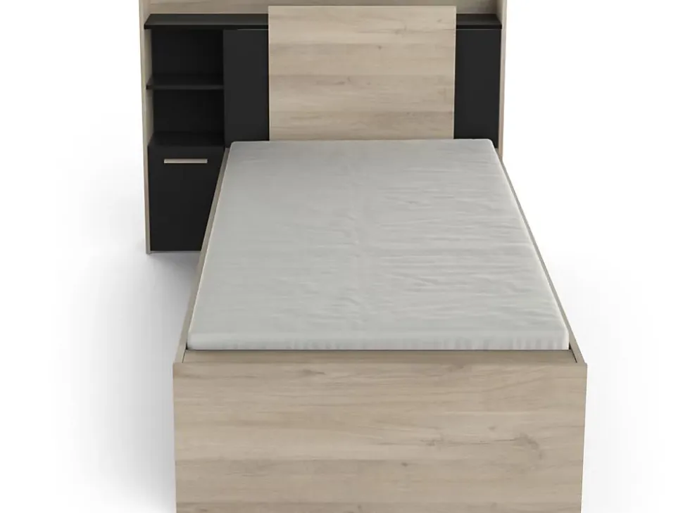 Lit modulable 90 x 190/200 cm avec rangements - Noir et naturel - MARTELO