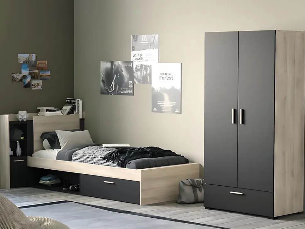 Lit modulable 90 x 190/200 cm avec rangements - Noir et naturel - MARTELO