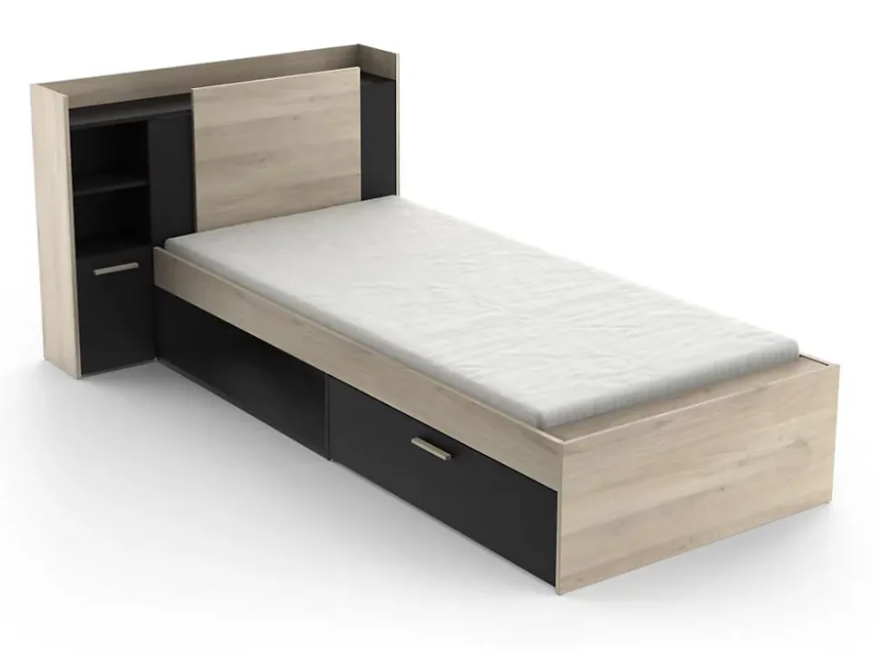 Lit modulable 90 x 190/200 cm avec rangements - Noir et naturel - MARTELO