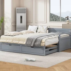 Lit multifonction deux en un quatre vingt dix cent quatre vingt par cent quatre vingt dix pin avec tiroirs lit extensible gris