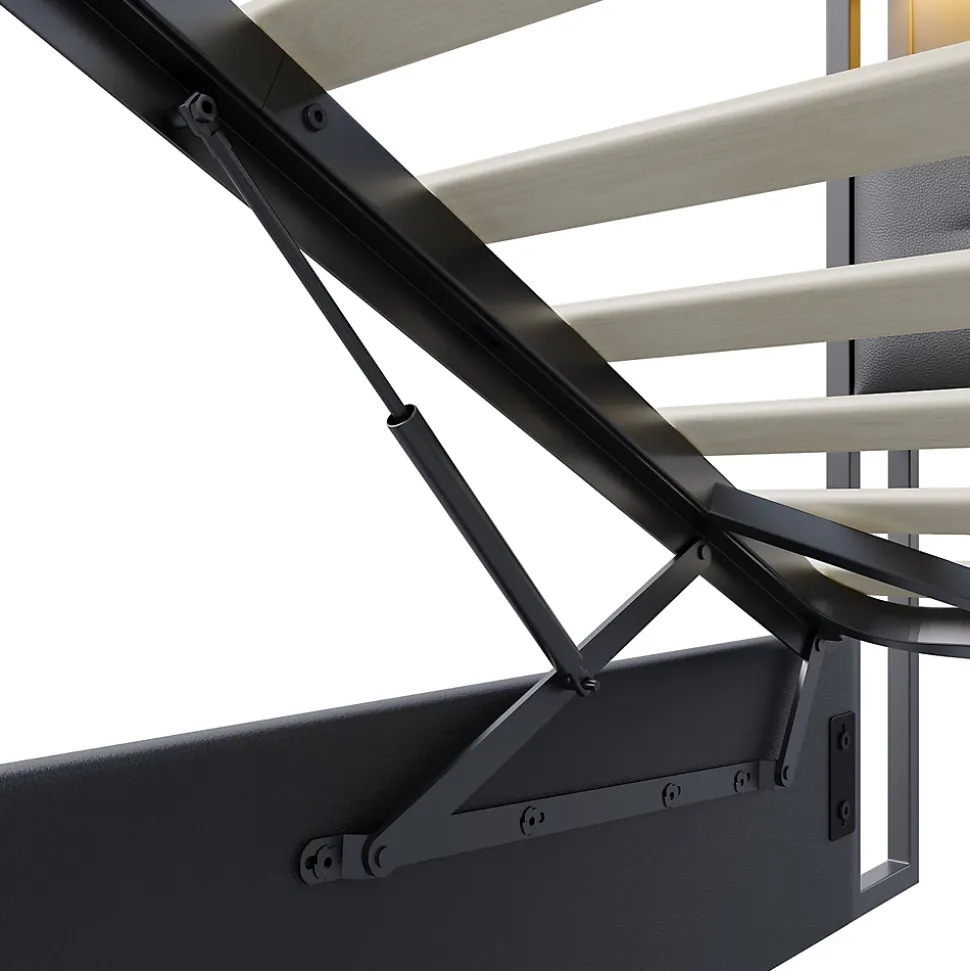 Lit multifonction 140x200 cm en cuirPolyuréthanenoir avec LED RGB, coffre hydraulique, prises intégrées et chargeur européen