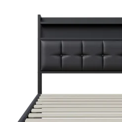 Lit multifonction 140x200 cm en cuirPolyuréthanenoir avec LED RGB, coffre hydraulique, prises intégrées et chargeur européen