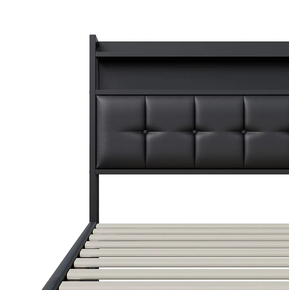 Lit multifonction 140x200 cm en cuirPolyuréthanenoir avec LED RGB, coffre hydraulique, prises intégrées et chargeur européen