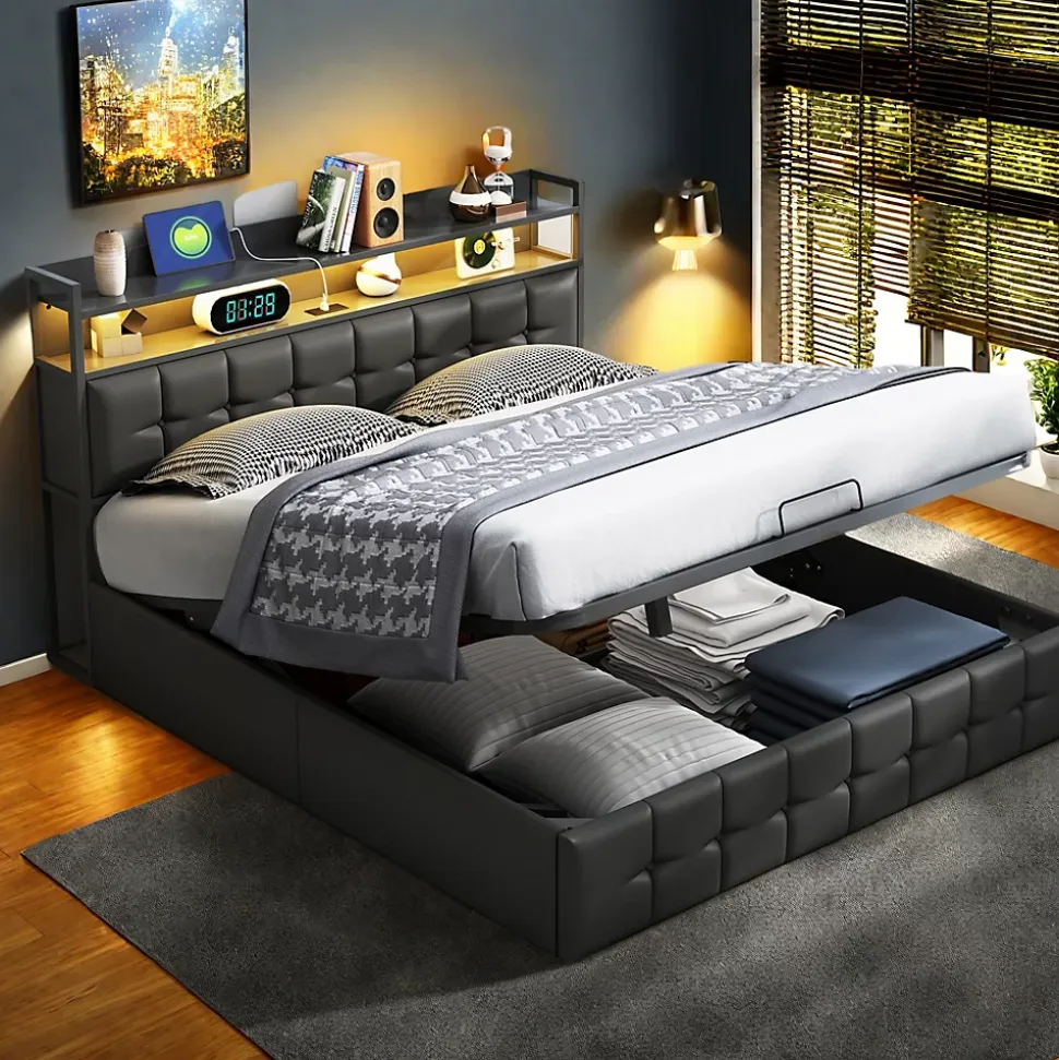 Lit multifonction 140x200 cm en cuirPolyuréthanenoir avec LED RGB, coffre hydraulique, prises intégrées et chargeur européen
