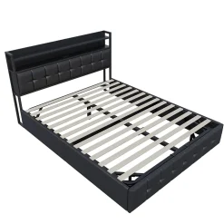 Lit multifonction 140x200 cm en cuirPolyuréthanenoir avec LED RGB, coffre hydraulique, prises intégrées et chargeur européen