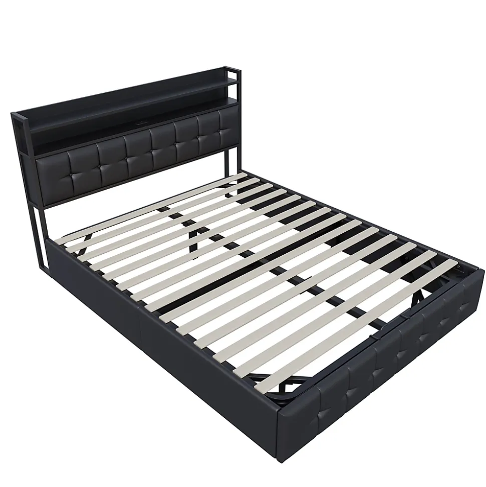 Lit multifonction 140x200 cm en cuirPolyuréthanenoir avec LED RGB, coffre hydraulique, prises intégrées et chargeur européen