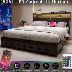 Lit multifonction 140x200 cm en cuirPolyuréthanenoir avec LED RGB, coffre hydraulique, prises intégrées et chargeur européen