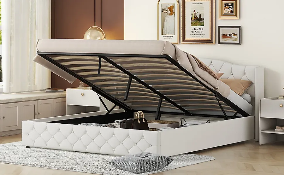 Lit multifonction 180x200cm avec stockage hydraulique, Beige