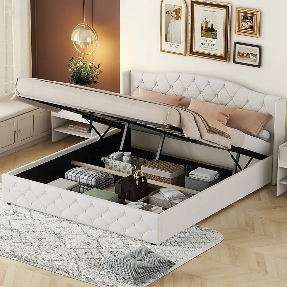 Lit multifonction 180x200cm avec stockage hydraulique, Beige