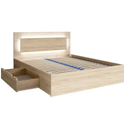 Lit NOFI 160 x 200 cm avec sommier et 2 tiroirs de rangement - coloris chene sonoma