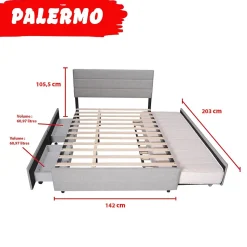 Lit PALERMO 140x200 +1 sommier+2 tiroirs+1 tiroir lit 90x190 / Gris clair