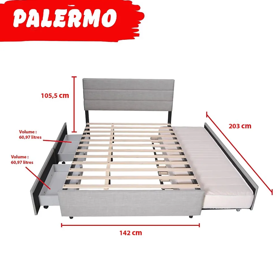 Lit PALERMO 140x200 +1 sommier+2 tiroirs+1 tiroir lit 90x190 / Gris clair