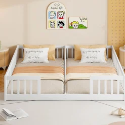 Lit Panneau 90x200cm, Avec Grillage, Sans Sommier, Pin, Style Minimaliste, Blanc