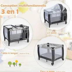 Lit Parapluie pour Bebe Pliable a roulettes avec Table a Langer et Matelas Lit de Voyage Bebe Gris