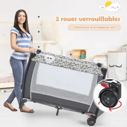 Lit Parapluie pour Bebe Pliable a roulettes avec Table a Langer et Matelas Lit de Voyage Bebe Gris