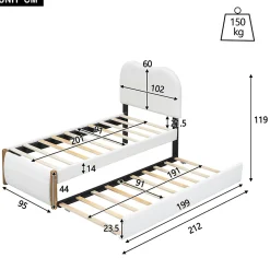 Lit plat rembourré 90 x 200 cm, avec lit gigogne, moelleux, blanc