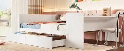 Lit Plat 140x200cm, Bureau, 2 Tiroirs, Pin + Panneau, Sans Matelas, Blanc