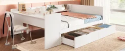 Lit Plat 140x200cm, Bureau, 2 Tiroirs, Pin + Panneau, Sans Matelas, Blanc