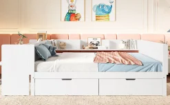 Lit Plat 140x200cm, Bureau, 2 Tiroirs, Pin + Panneau, Sans Matelas, Blanc