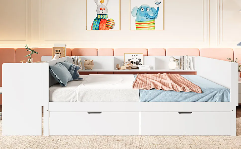 Lit Plat 140x200cm, Bureau, 2 Tiroirs, Pin + Panneau, Sans Matelas, Blanc